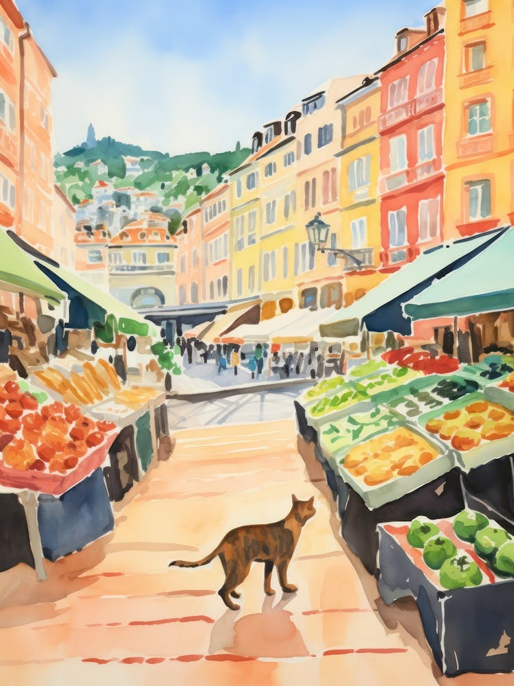 Food Market With Cats In Santander 1 Watercolour