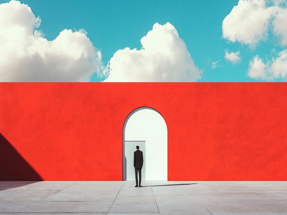 Abstract Man Standing In Front Of Red Wall