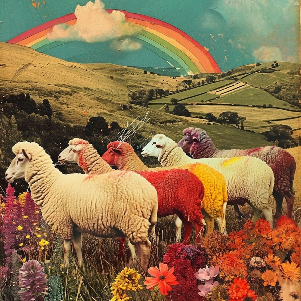 Rainbow Sheep Collage In The Field