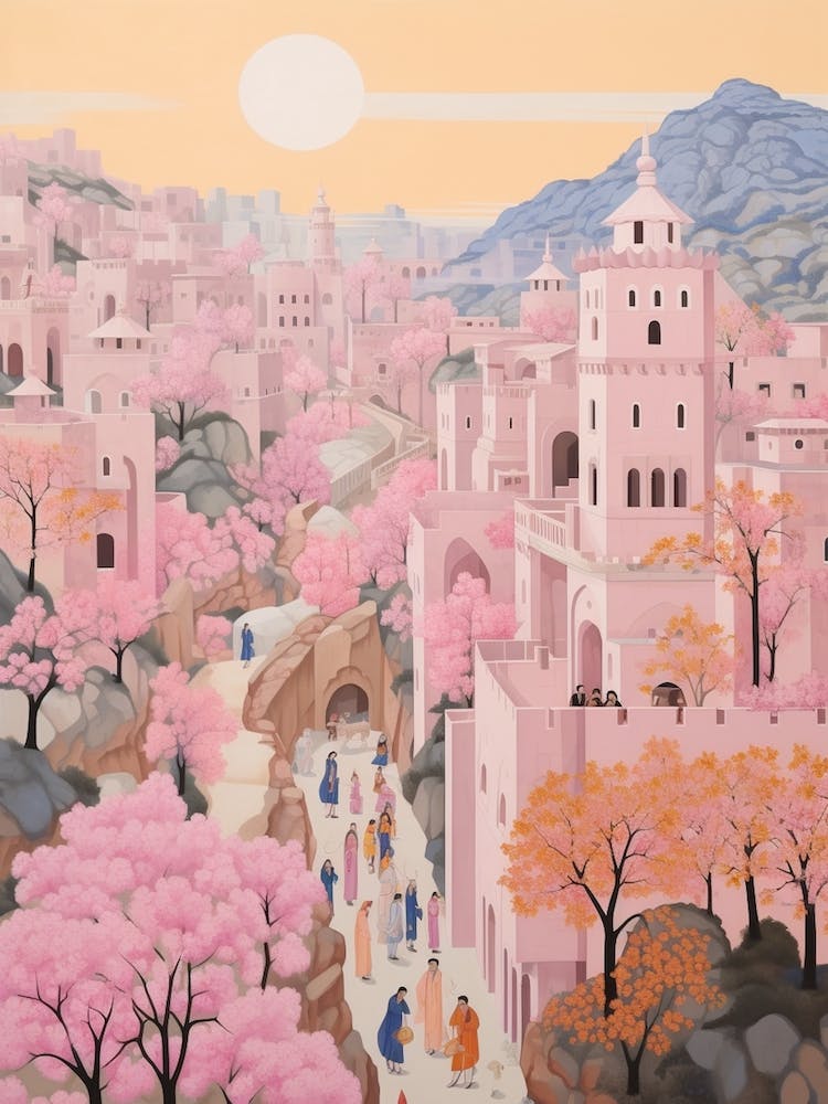 Nazareth Israel 4 Vintage Pink Travel Illustration