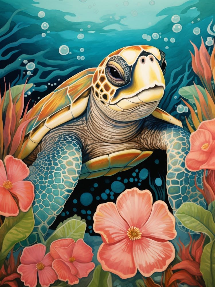 Leatherback Turtle With Tropical Flowers 2