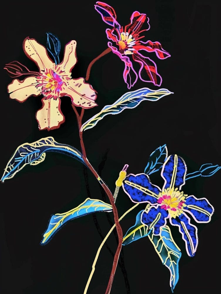 Neon Flowers On Black Forget Me Not 5