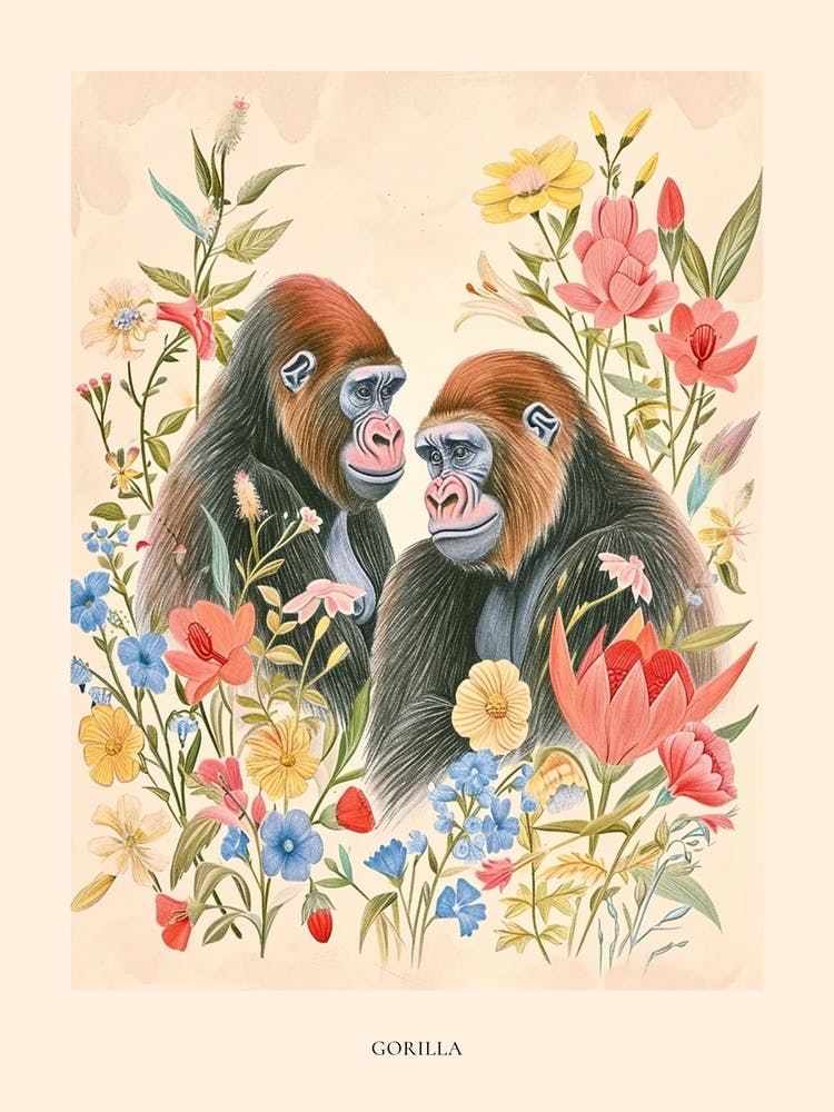Folksy Floral Animal Drawing Gorilla 3 Poster