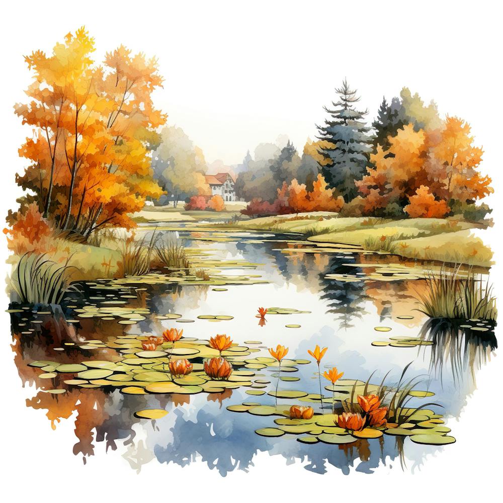 Watercolor Autumn Lily Pond