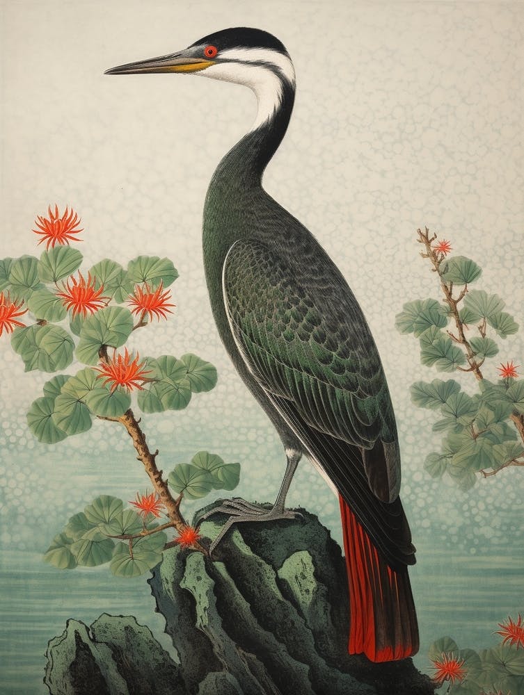 Ohara Koson Inspired Bird Painting Cormorant 3