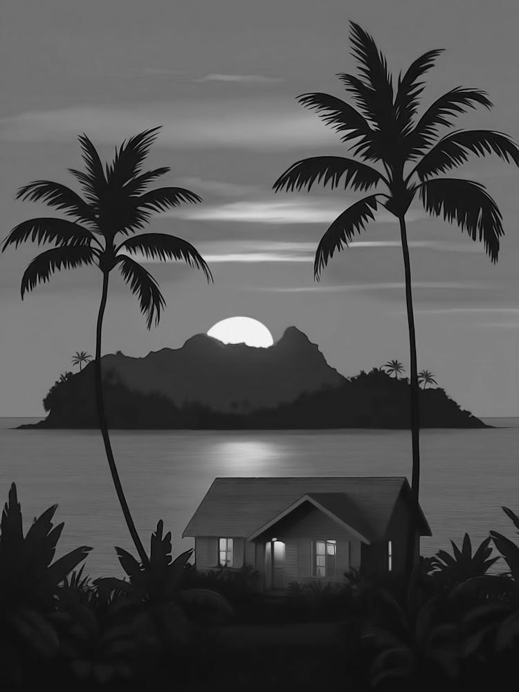 Tropical Sunset Silhouette Black And White