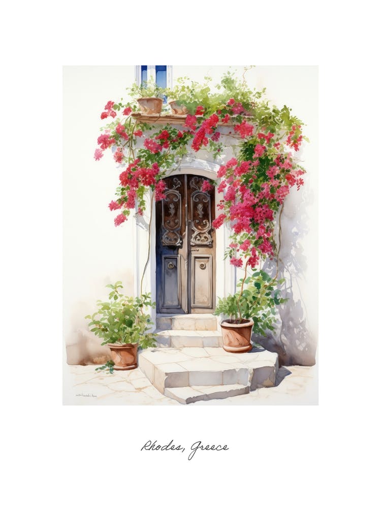 Rhodes, Greece   Mediterranean Doors Watercolour Painting 3 Poster