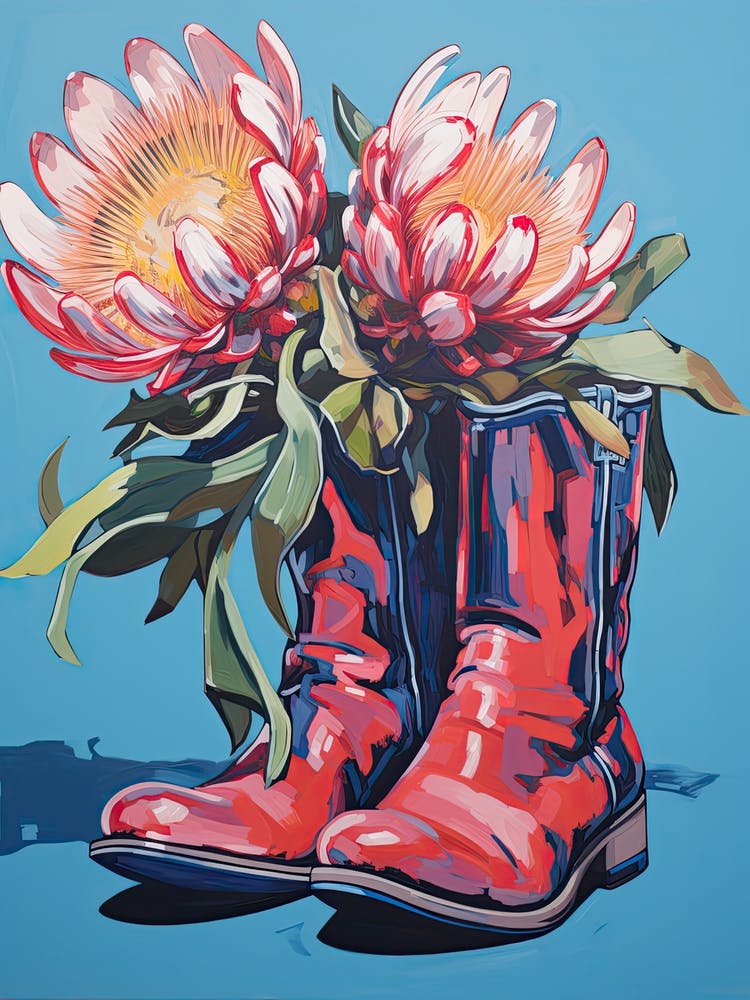 A Painting Of Cowboy Boots With Protea Flowers, Fauvist Style, Still Life 2