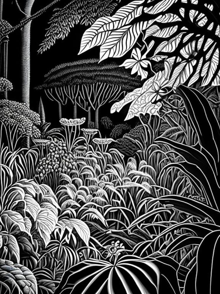 Birmingham Botanical Gardens, Usa Linocut Black And White Vintage