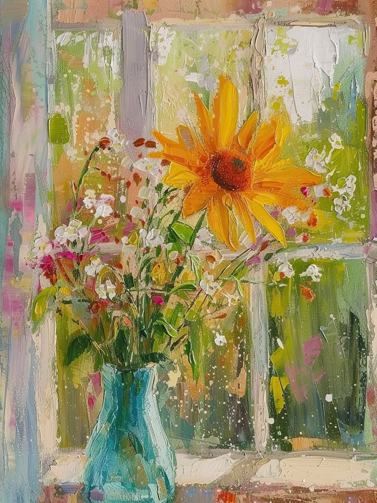 Sunflower Flowers On A Cottage Window 4