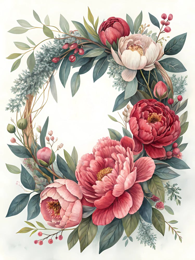Oil Painting Style Peony And Eucalyptus Mix In Circl