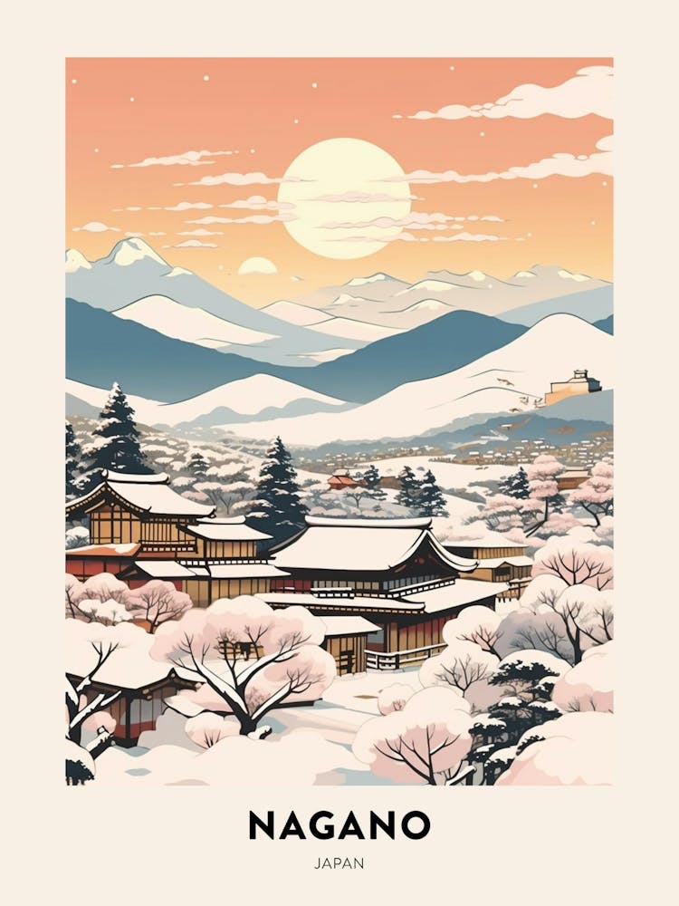 Vintage Winter Travel Poster Nagano Japan 3
