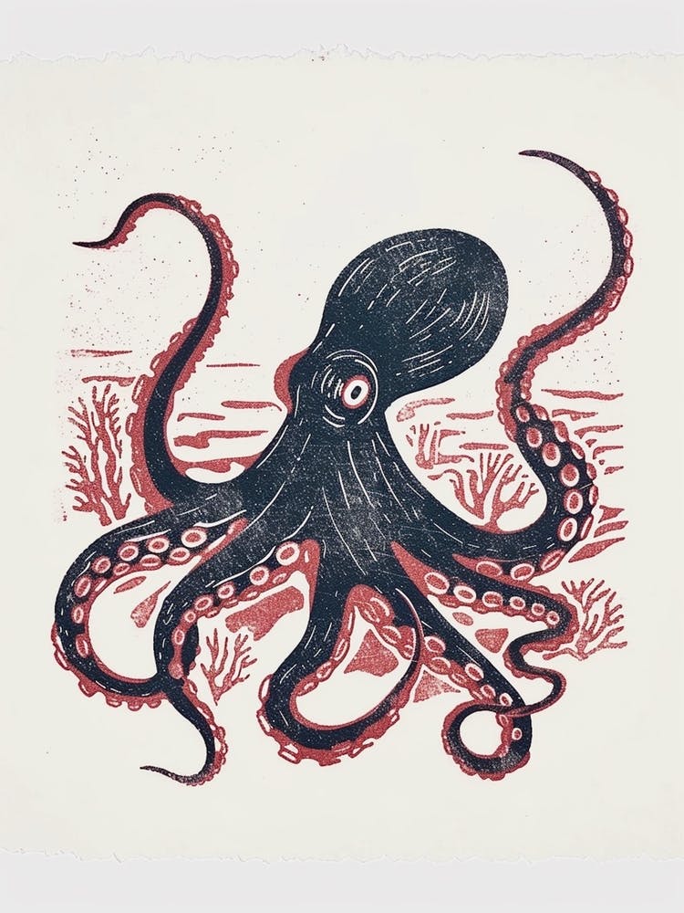 Blue & Navy Linocut Inspired Octopus With Seaweed