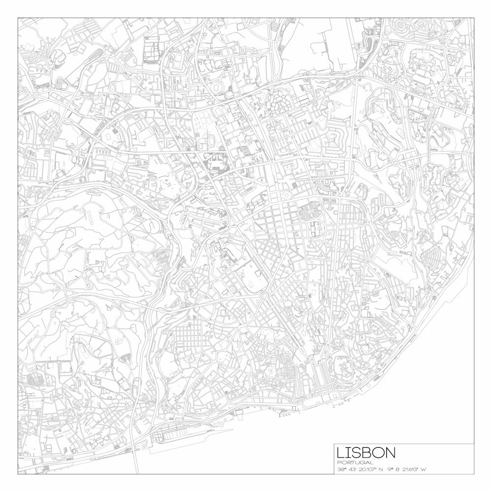 Lisbon, Portugal, City Map Black On White Blueprint Design