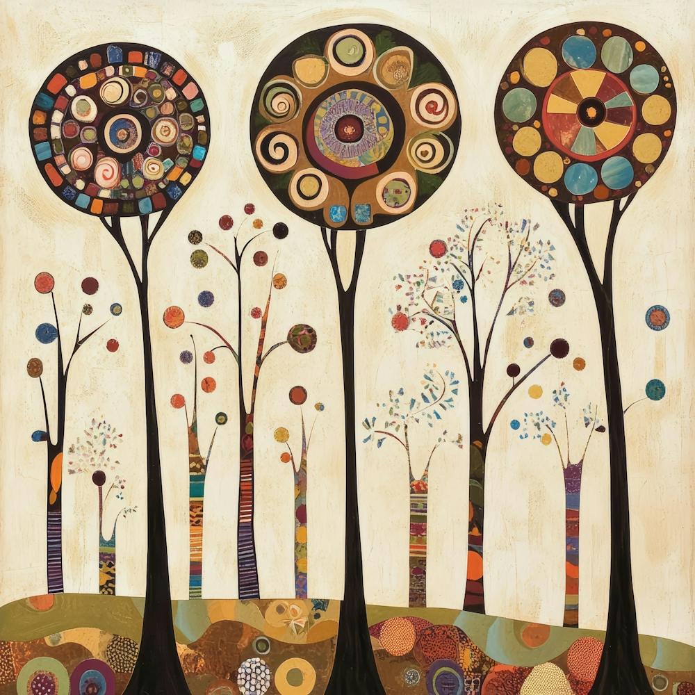 Folk Art Style Mosaic Trees 2