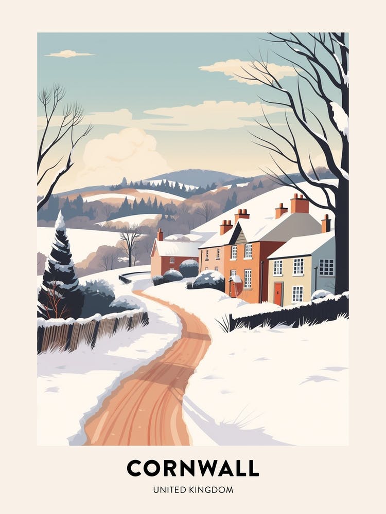 Vintage Winter Travel Poster Cornwall United Kingdom 1
