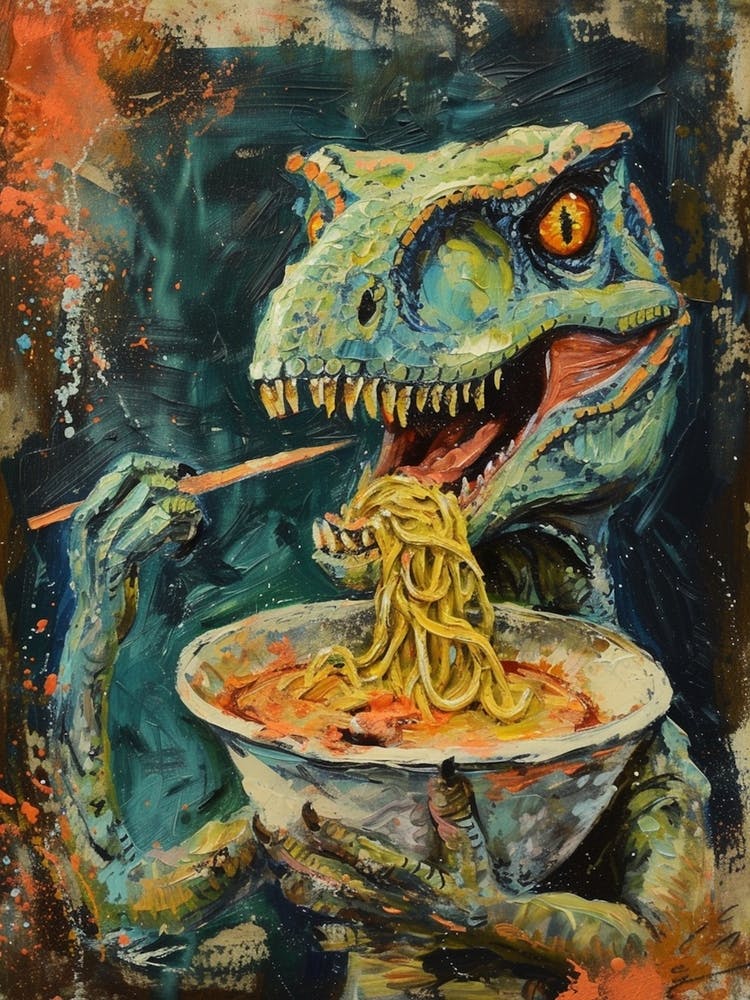 Dinosaur Eating Ramen Blue Brushstroke 1