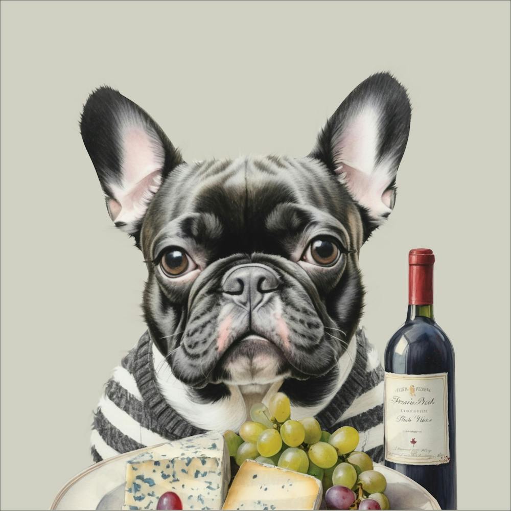 French Bulldog with Cheese and Wine