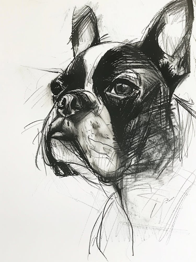 Boston Terrier Hund Kohlezeichnung 4