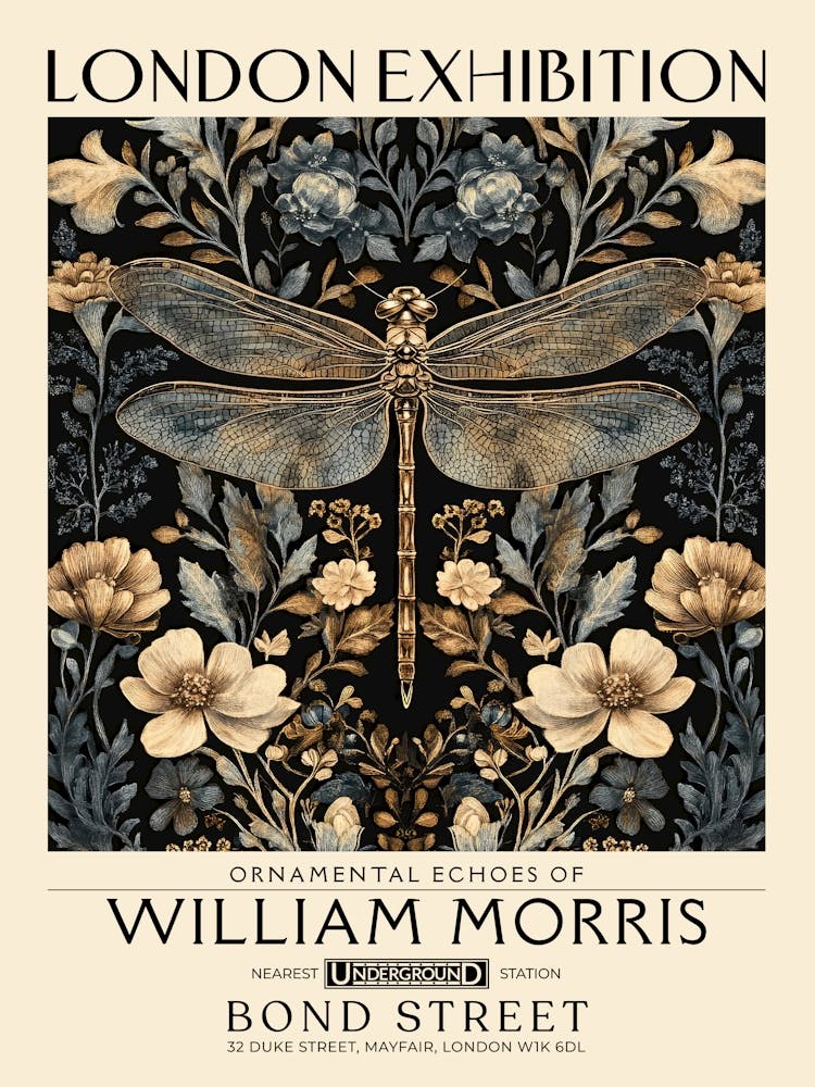 William Morris Dragonfly and floral artwork in Warm earth tones, insect and flower pattern dark academia library Botanical vintage print, living room vintage decor Floral tapestry Victorian nature art 13