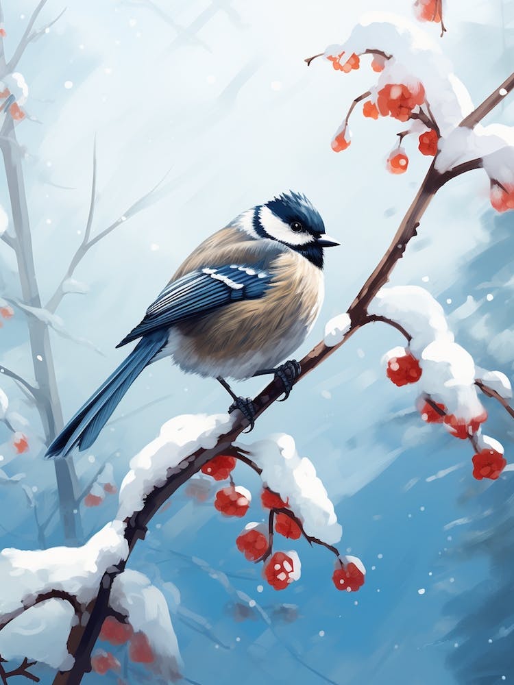 Lone Bird Perching On Snowy Branches 2