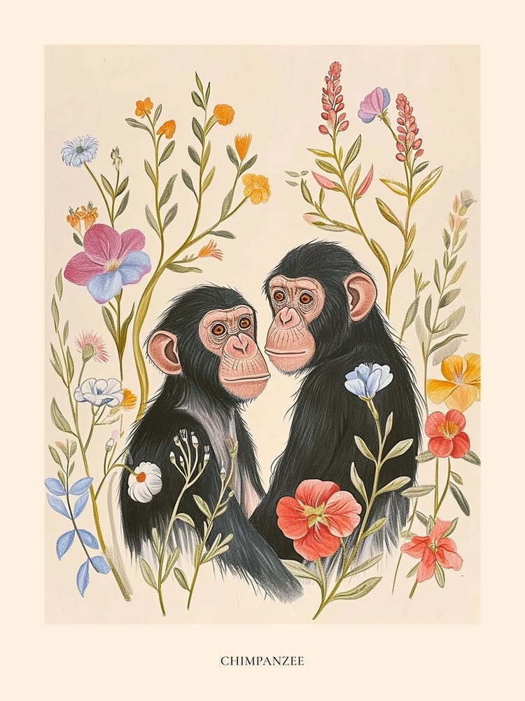 Folksy Floral Animal Drawing Chimpanzee 3 Poster