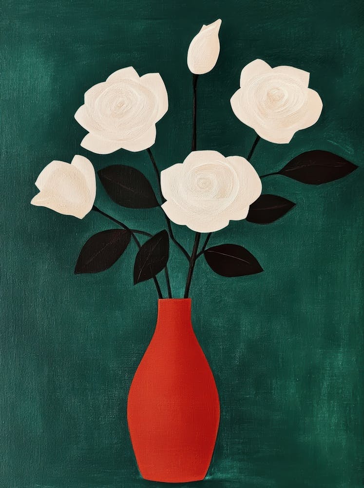 White Roses In A Red Vase 1