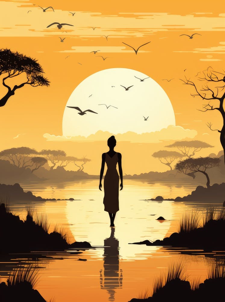 Silhouette Of African Woman Walking In The Water