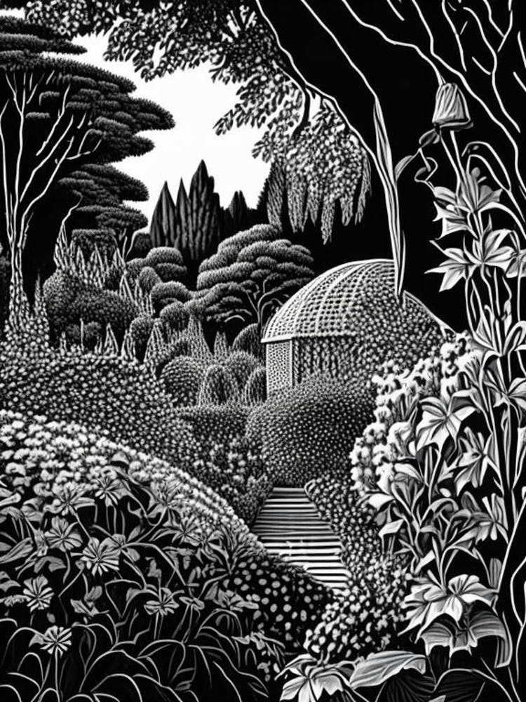 Giverny Gardens, France Linocut Black And White Vintage
