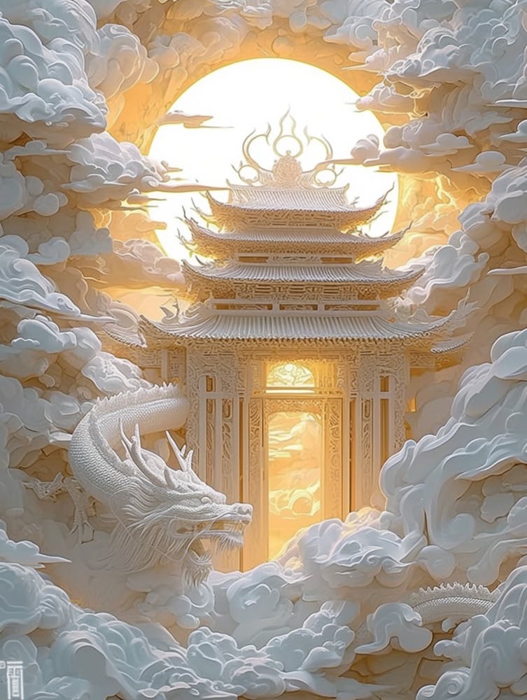 Artiste Xindezhong Explore Le Dragon Du Palais Chinois Dans Une Œuvre Blanche Et Or, Un Dragon Doré Émerge Des Nuages, Dans Le Style De Paysages Psychédéliques Complexes, Objets 3D Lumineux, Nuages Éthérés