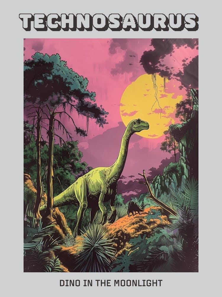 Dinosaur In Jurassic Moonlit Landscape Poster