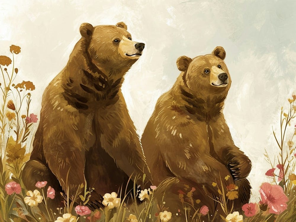 Floral Animal Illustration Brown Bear 1