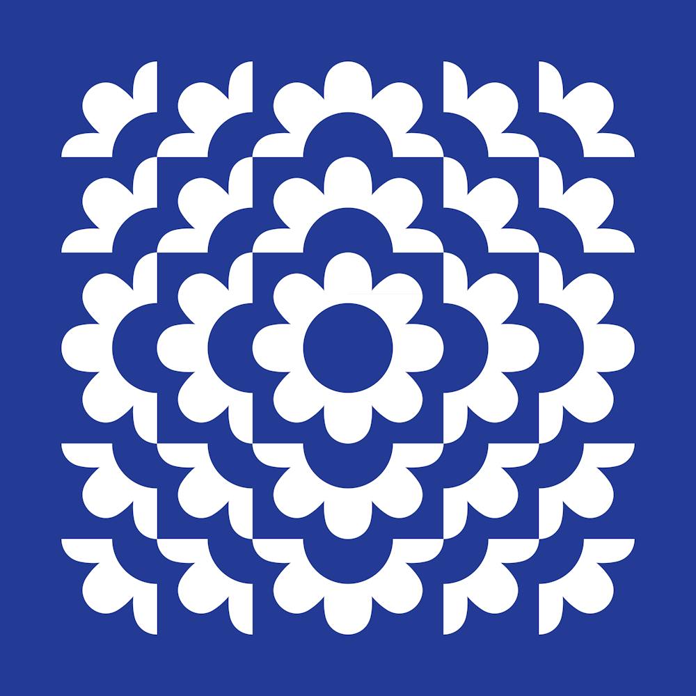 Midcentury Modern Abstract Geometric Flower Pattern Floral in French Blue