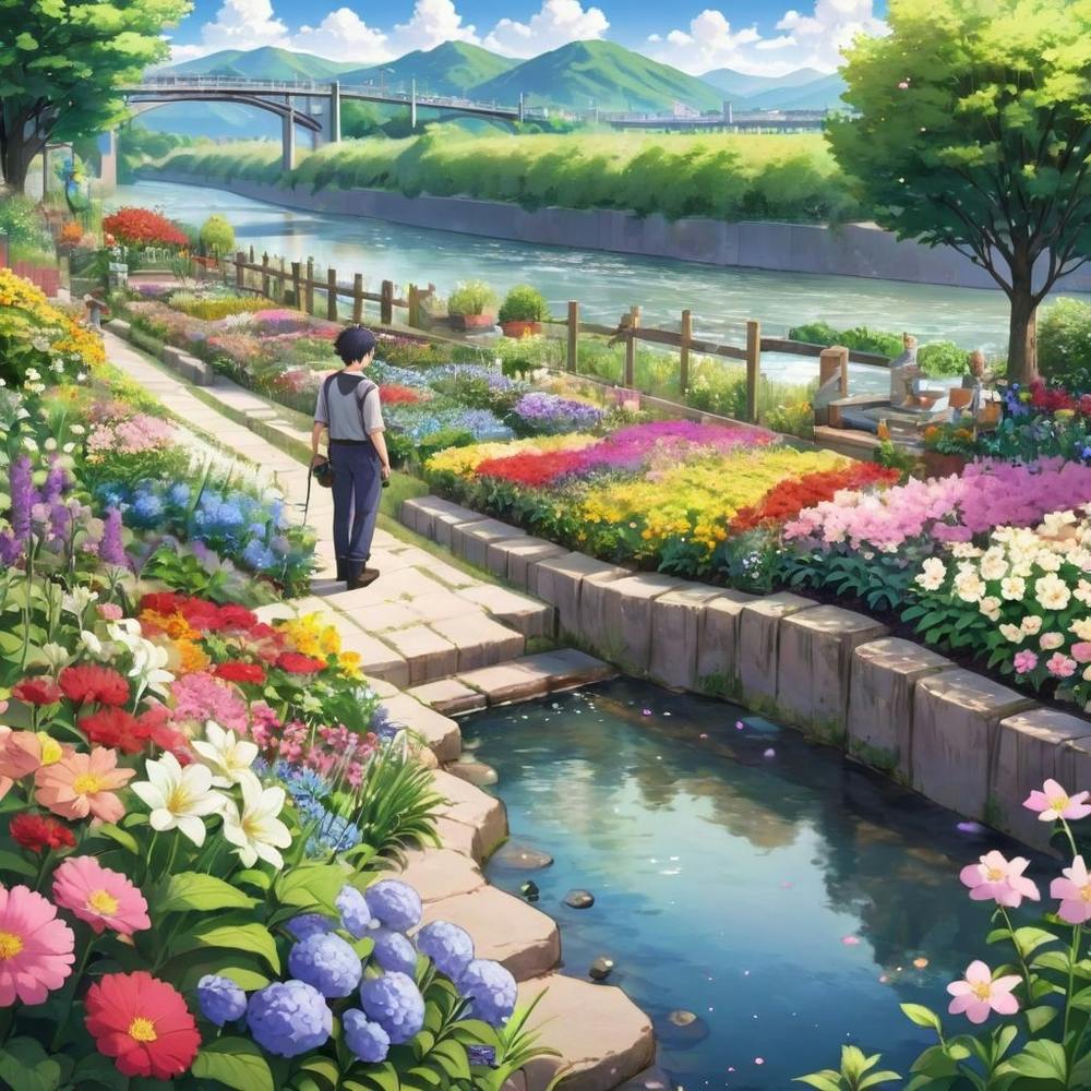 A Man Walks In A Flower Garden and Seeing a River 