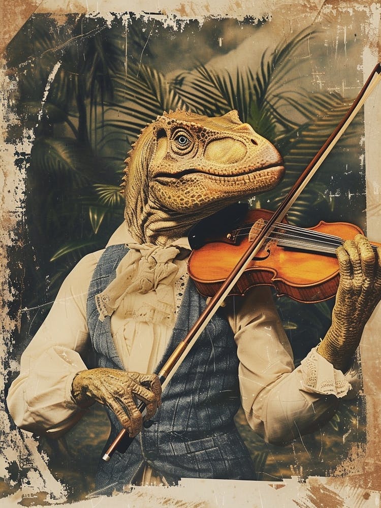 Dinosaur Playing Violin Retro Collage 2