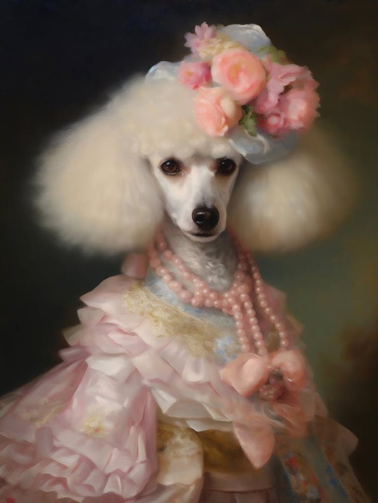 Victorian Animal Portrait, Dressed Animal Prints, Royal Lady Dog, Altered, Dark Moody Renaissance Poodle Print, Pet Lover Gift