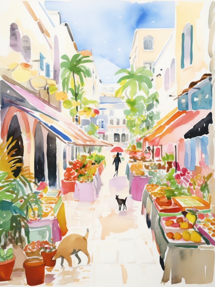 Lebensmittelmarkt mit Katzen in Monaco 2 Aquarell