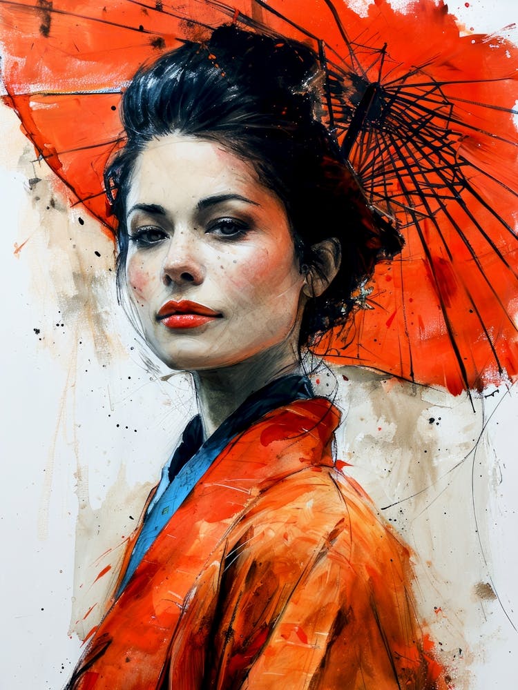 Asian Woman With Umbrella painting
