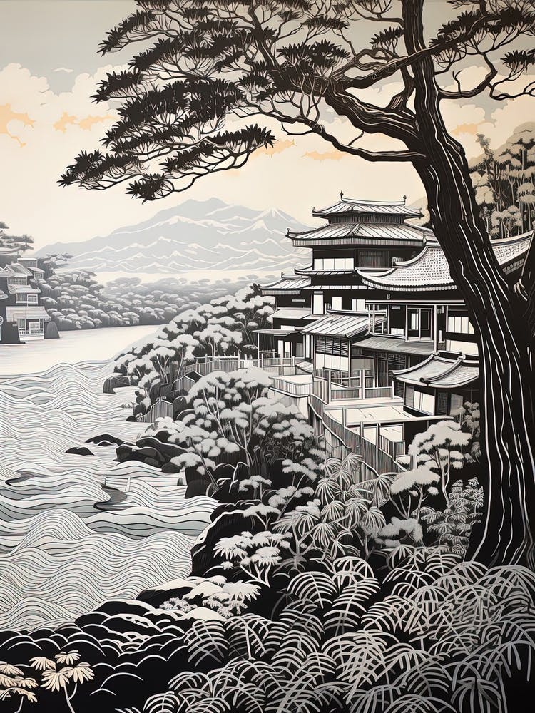 Amanohashidate In Kyoto, Ukiyo E Black And White Line Art Drawing 6