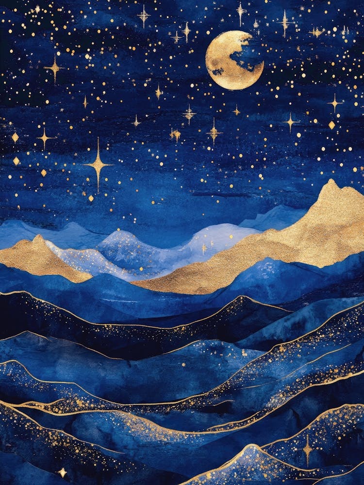 Starlit hills in moonlight – ultramarine and metallic gold palette – moody celestial aesthetic – digital gouache with metallic effect – inspired by modern Art Nouveau – landscape night-sky art – great for bedrooms, studios, or modern boho spaces