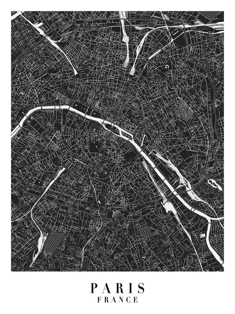 Paris France Minimal Black Mono Street Map 
