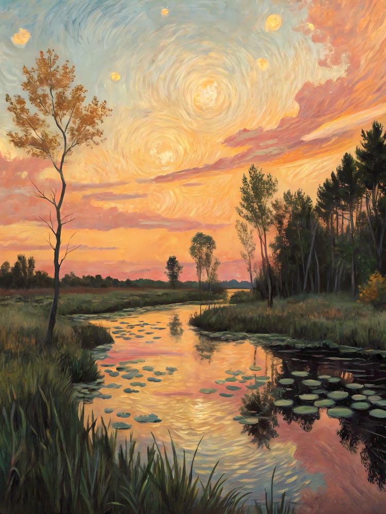 Coucher de soleil sur la rivière de Van Gogh, ciel tourbillonnant et nénuphars
