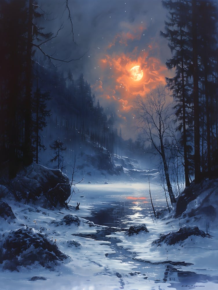 Moonlight In The Woods, Bichromatic, Surrealism, Impressionism