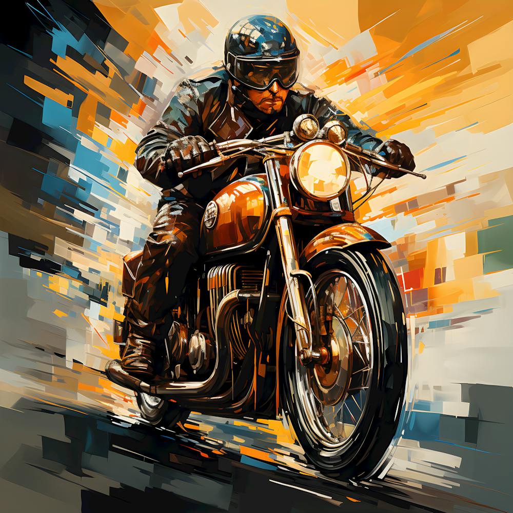 Vintage Motorcycle Wall Art – Dynamic Rider Illustration – Retro Speed Canvas Print – Vibrant Orange and Blue Decor – Perfect Gift for Motorbike Enthusiasts – Man Cave Accent