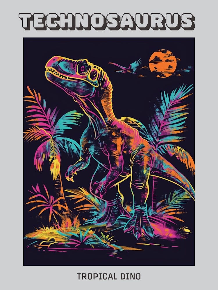 Neon Dinosaur With Palm Trees Poster