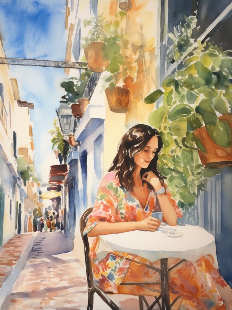 At A Cafe In Marbella Spain Watercolour