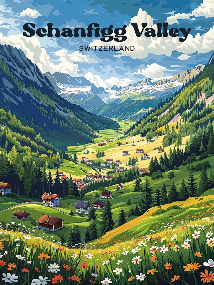 Schanfigg Valley Arosa Switzerland Travel Illustration