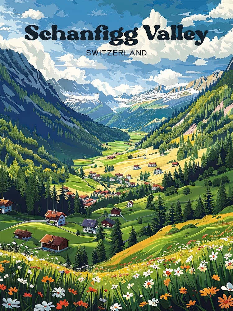 Schanfigg Valley Arosa Switzerland Travel Illustration