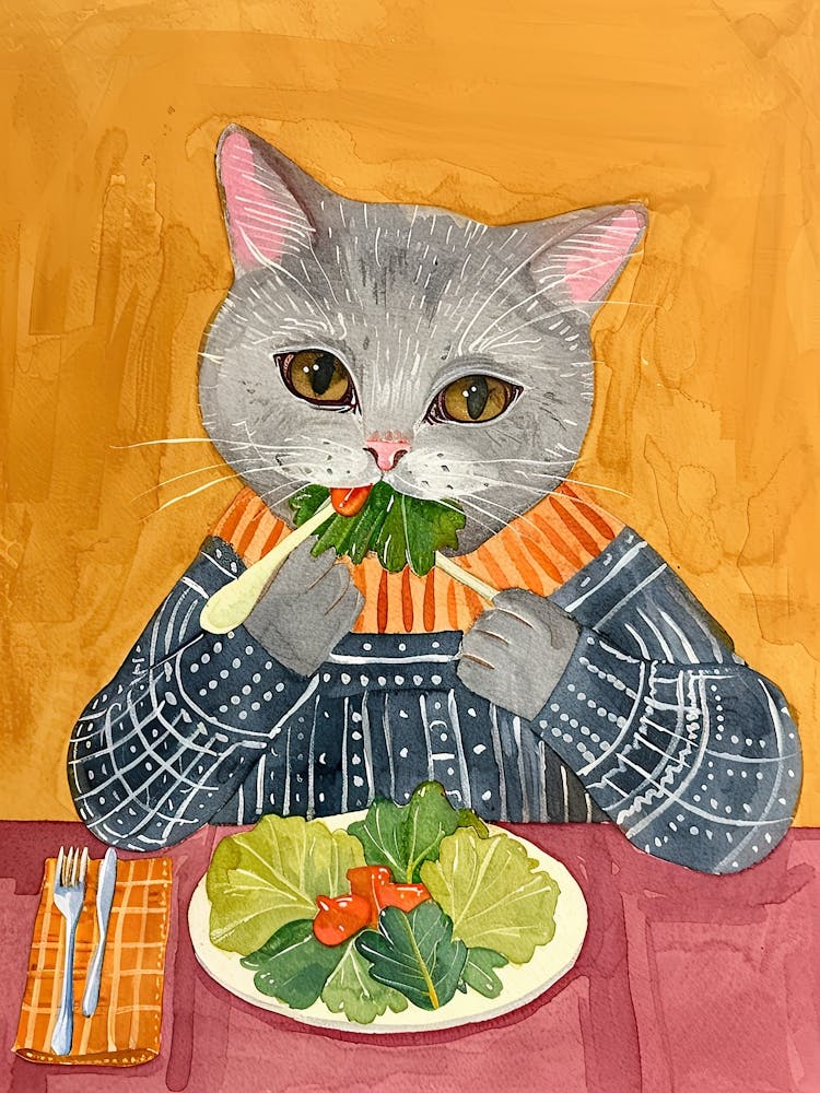 Blue Cat Eating Salad Folk Illustration 4