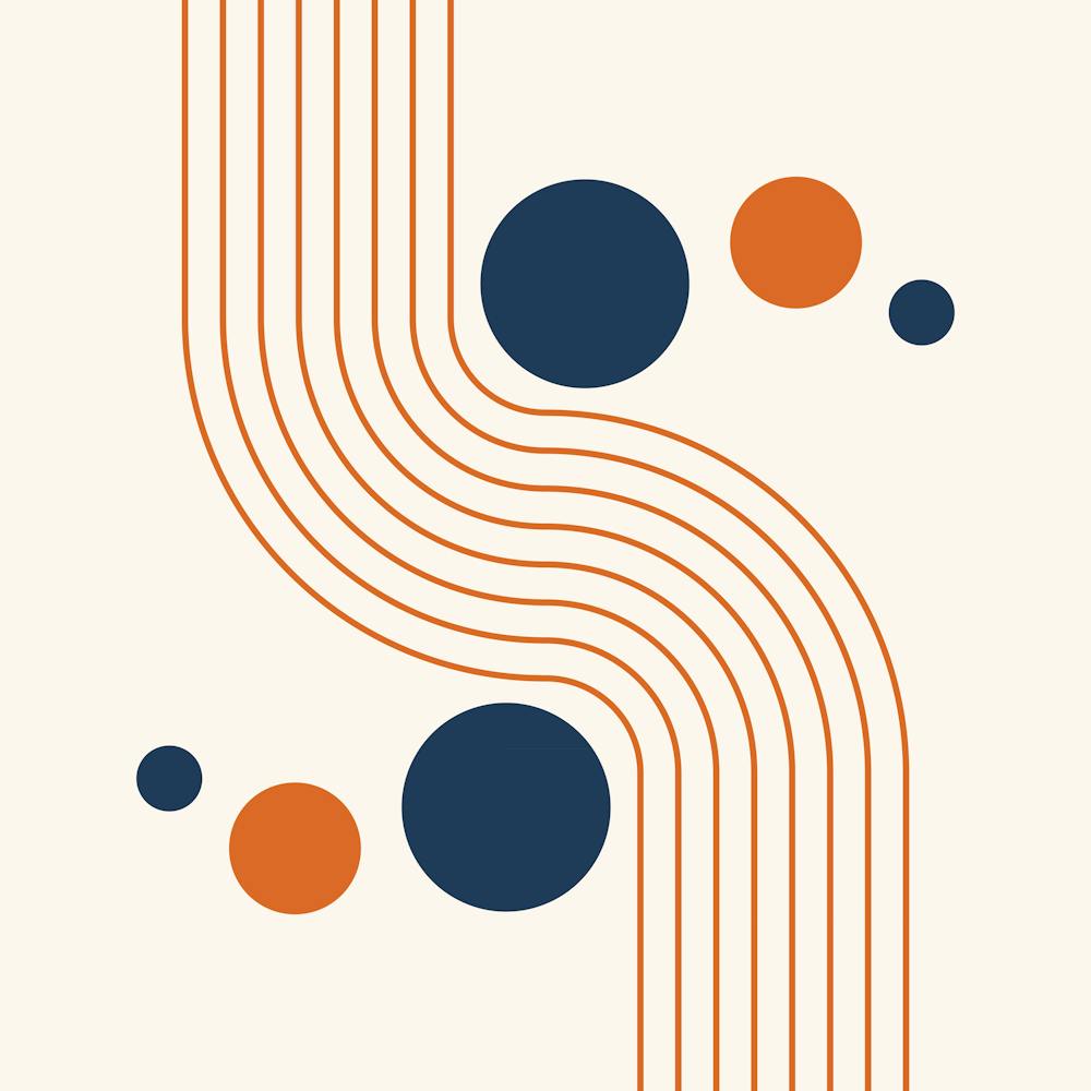 Modern Mid Century Sun and Rainbow Abstract 12 in Navy Blue and Burnt Orange